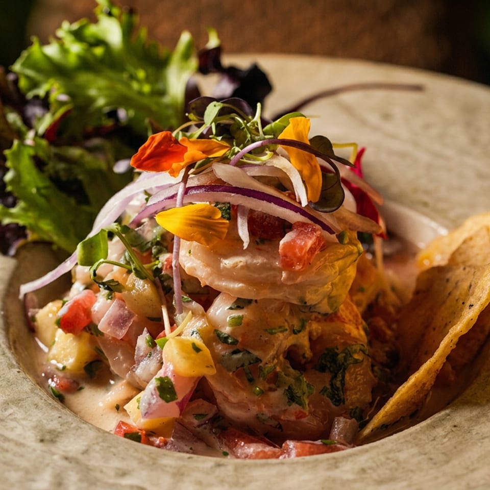 Gourmet seafood salad with shrimp, avocado, vegetables, edible flowers, greens, and tortilla chips on a rustic plate.