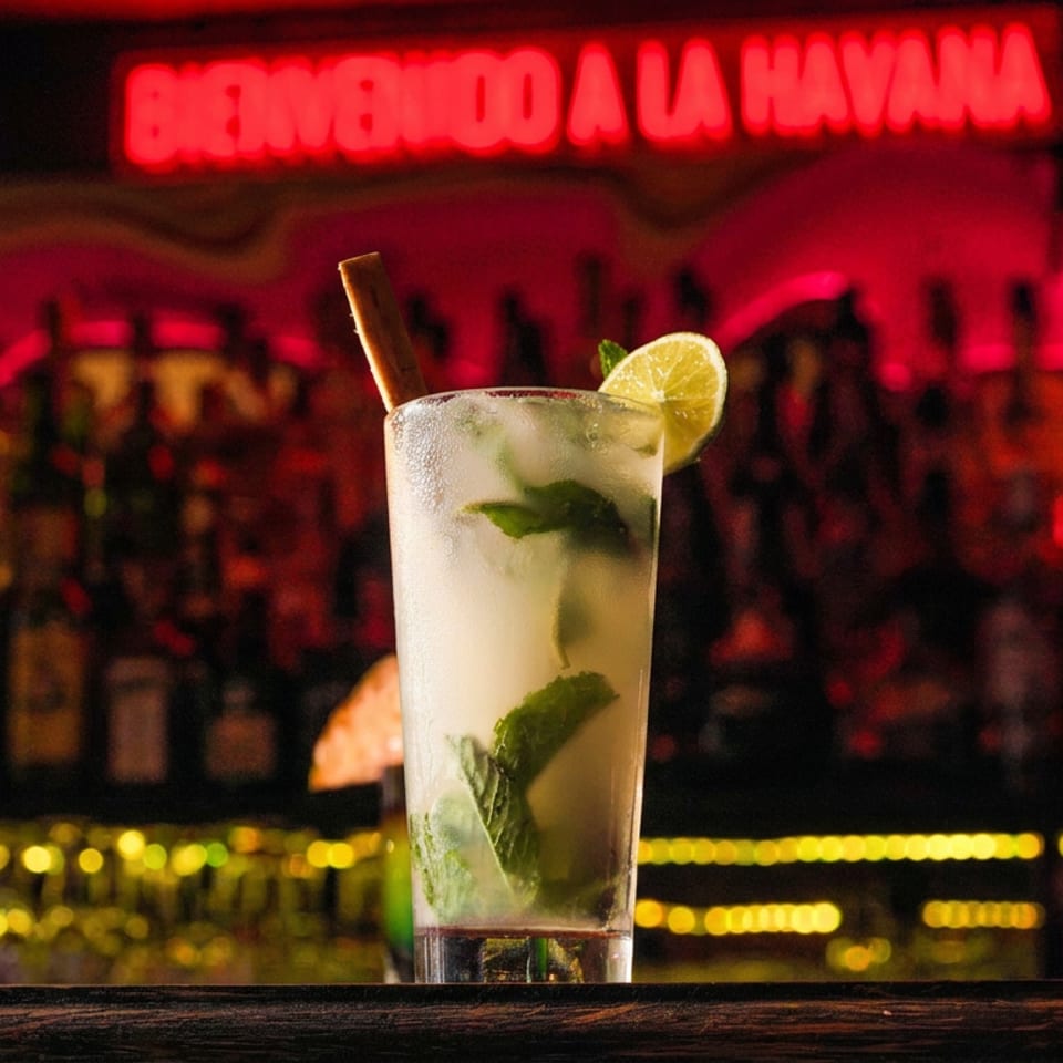 Mojito with mint, lime wedge, and cinnamon stick displayed before a warmly lit bar with a glowing Havana sign.