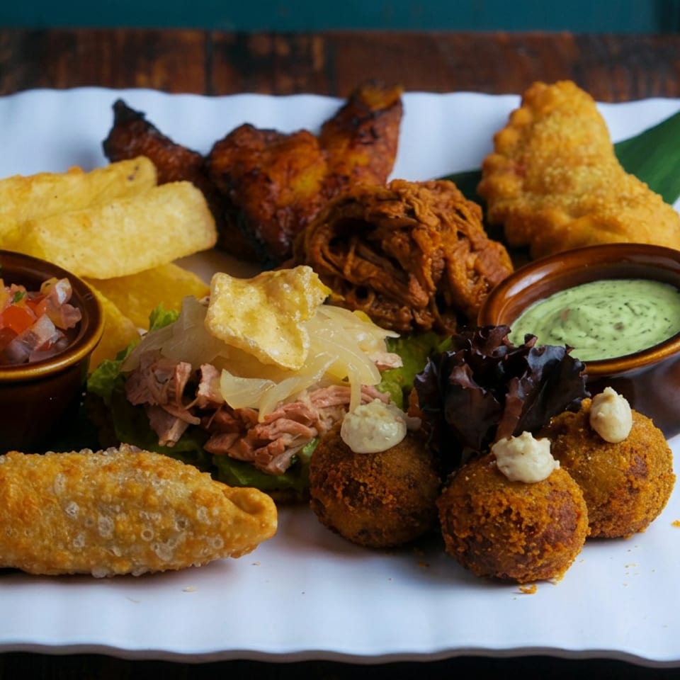 Assorted golden fried appetizers, shredded meat, salsa, green dipping sauce, and salad arranged on a white platter.